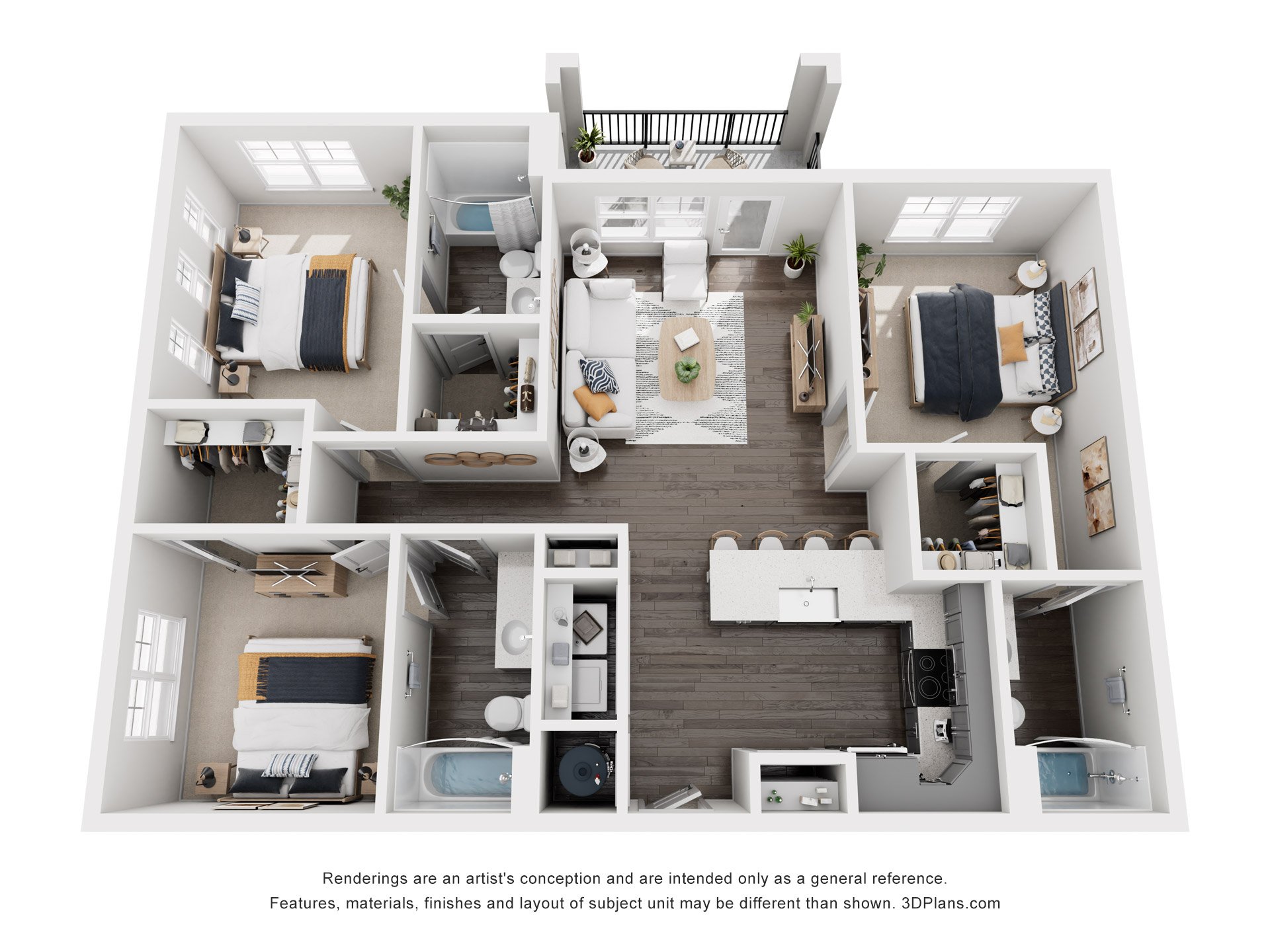 Floor plan for 3 beds, 3 baths, 1244 sqft
